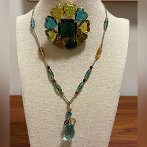 Vintage Set of Aqua Crystal & Sea Glass Gold-tone Necklace and Crystal Brooch.